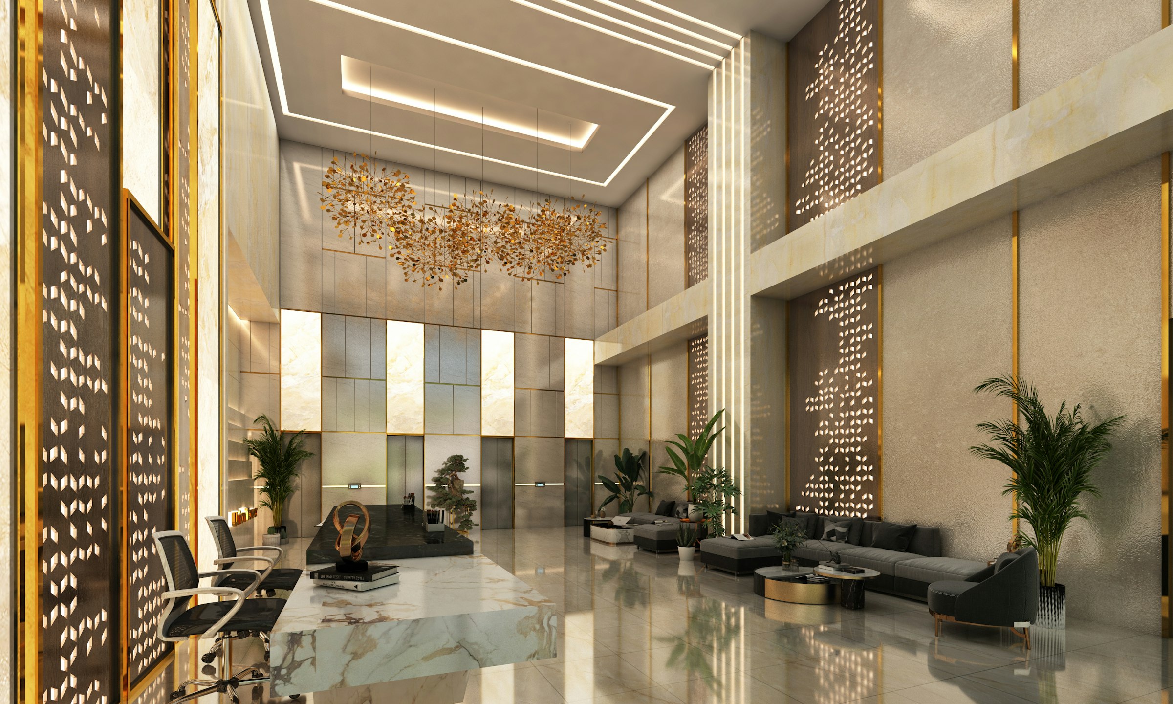A premium lobby with a marble reception desk, tall lighting, and lounge seating.